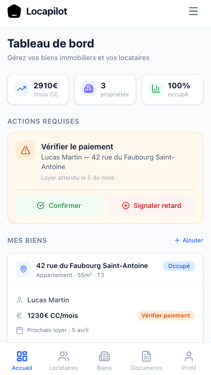 Tableau de bord LocaPilot sur mobile